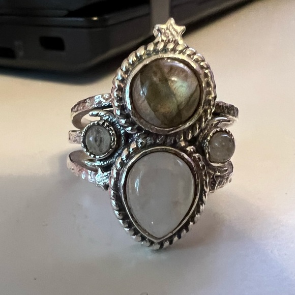 Moonstone Labradorite Ring Stars Moon Boho Statement Stone Jewelry 8.5 - Picture 3 of 3